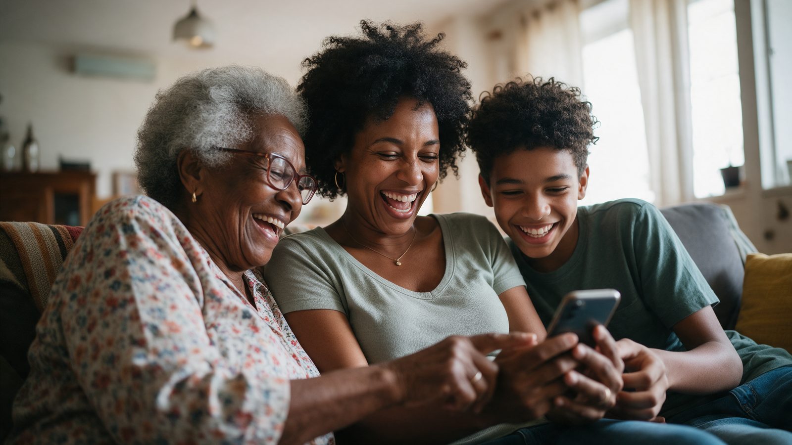 A grandmother, a mother and a teenager laughing together over one phone