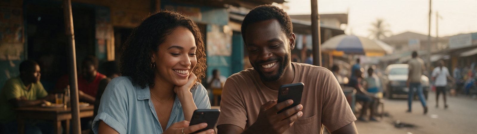 Two friends laughing as they read messages on their phones at a street cafe