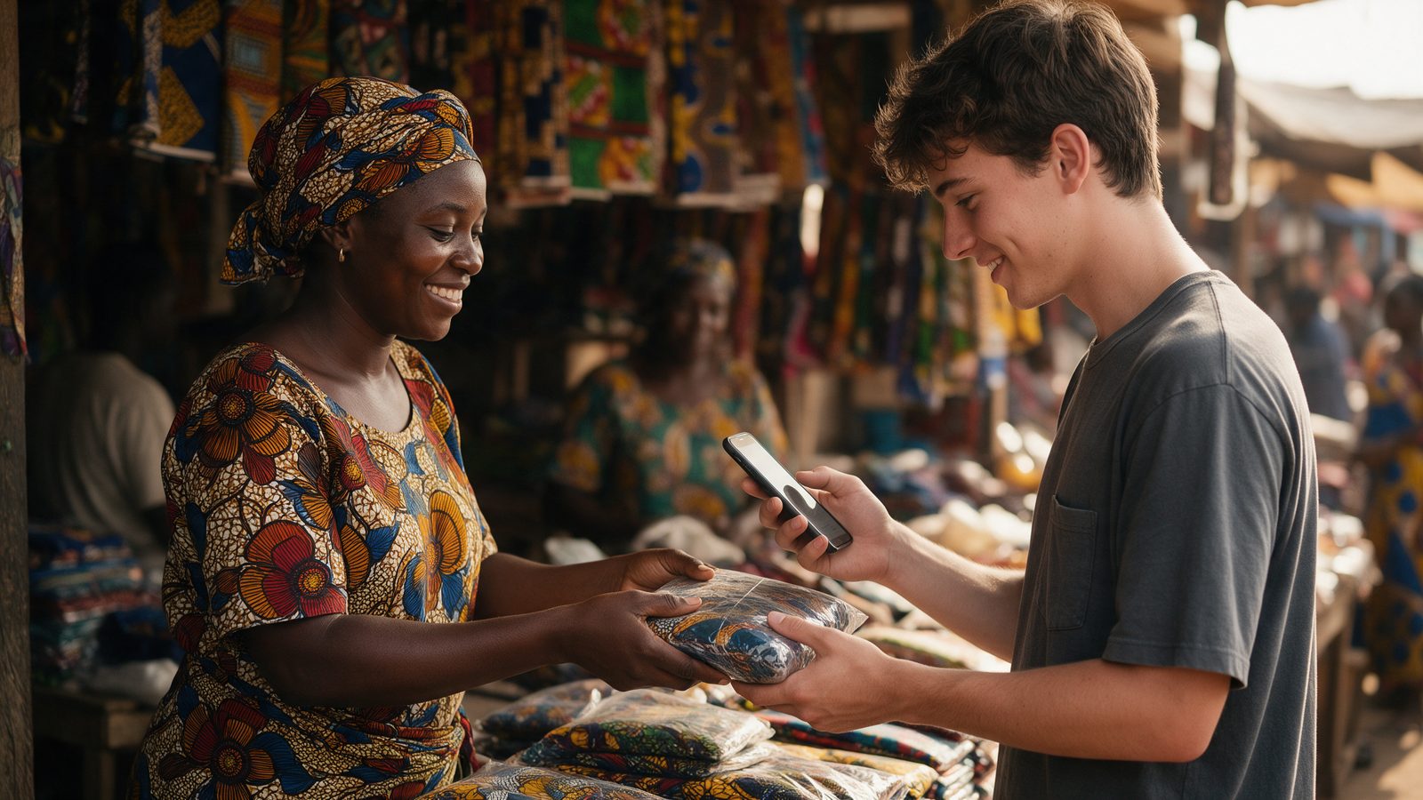 A market trader hands a wrapped cloth to a customer who holds a phone